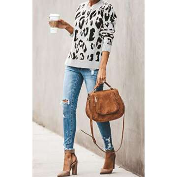 HZSONNE Women's Casual Leopard Crew Neck Loose Fit Sweater Batwing Sleeve Slouchy Pullover Knitted Fuzzy Jumper Tops (White,Medium)