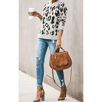 HZSONNE Women's Casual Leopard Crew Neck Loose Fit Sweater Batwing Sleeve Slouchy Pullover Knitted Fuzzy Jumper Tops (White,Medium)