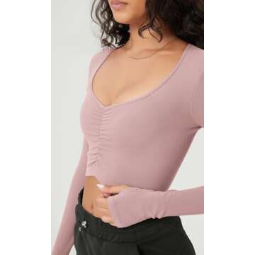 ODODOS Long Sleeve Ruched Front Crop Tops with Thumb Hole for Women Seamless Ribbed Cropped Tee, Pink, Medium/Large