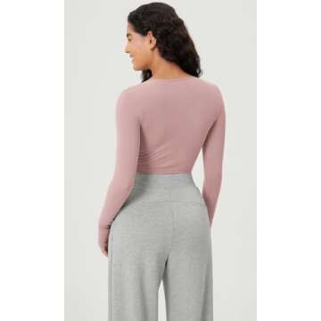 ODODOS Long Sleeve Ruched Front Crop Tops with Thumb Hole for Women Seamless Ribbed Cropped Tee, Pink, Medium/Large