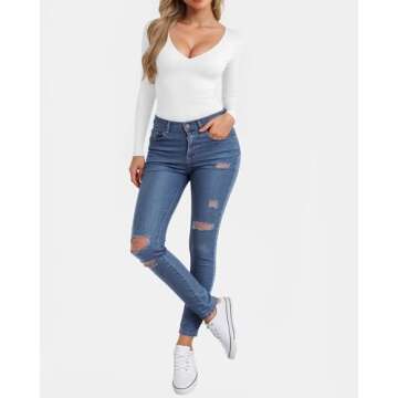 CLOZOZ Long Sleeve Shirts for Women Sexy V Neck Tops Fitted Tight T Shirts Basic Tee