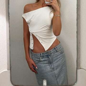 SAFRISIOR Women One Shoulder Button Sexy Crop Top Solid Sleeveless Off Shoulder Asymmetric Crop Tank Top Vest Tee Shirt White