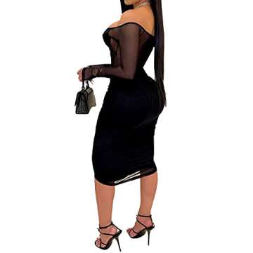 Uni Clau Women Sexy V Neck Mesh Patchwork Bodycon Dress Off Shoulder See Through Long Sleeve Midi Pa...