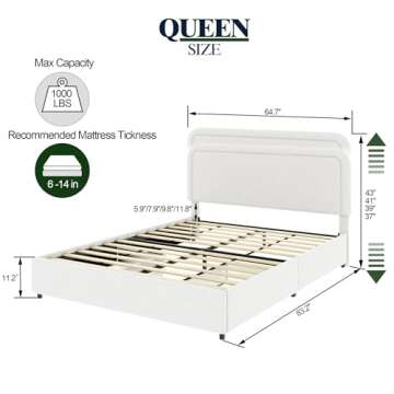 Queen Size Boucle Upholstered Platform Bed Frame, with 2 Drawers Storage, Curved Stitched Tufted Hea...