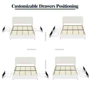 Queen Size Boucle Upholstered Platform Bed Frame, with 2 Drawers Storage, Curved Stitched Tufted Headboard, Wooden Slat Mattress Support, Noise Free, Easy Assembly, No Box Spring Needed, Ivory