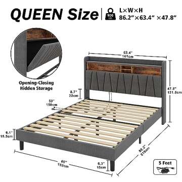 ANCTOR Queen Bed Frame with Charging Station, Bed Frame Queen Size with Storage Headboard, Upholster...
