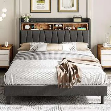 ANCTOR Queen Bed Frame with Charging Station, Bed Frame Queen Size with Storage Headboard, Upholstered Platform Bed with Heavy Duty Support Legs, No Box Spring Needed, Noise Free, Dark Grey