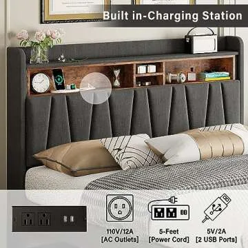 ANCTOR Queen Bed Frame with Charging Station, Bed Frame Queen Size with Storage Headboard, Upholstered Platform Bed with Heavy Duty Support Legs, No Box Spring Needed, Noise Free, Dark Grey