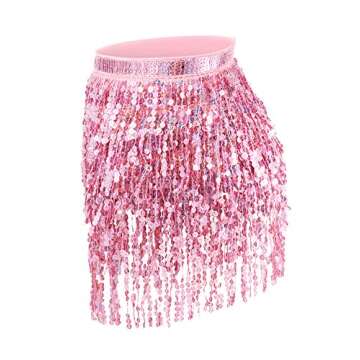 Syhood 2 Pcs Sequin Tassel Skirt Hip Scarf Belly Dance Belt Performance Skirt for Women and Girls Halloween Cosplay(Basic,Black, Light Pink)