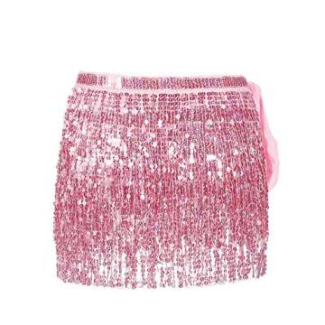 Syhood 2 Pcs Sequin Tassel Skirt Hip Scarf Belly Dance Belt Performance Skirt for Women and Girls Halloween Cosplay(Basic,Black, Light Pink)