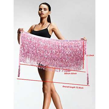 Syhood 2 Pcs Sequin Tassel Skirt Hip Scarf Belly Dance Belt Performance Skirt for Women and Girls Halloween Cosplay(Basic,Black, Light Pink)