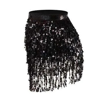Syhood 2 Pcs Sequin Tassel Skirt Hip Scarf Belly Dance Belt Performance Skirt for Women and Girls Halloween Cosplay(Basic,Black, Light Pink)