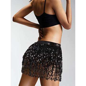 Syhood 2 Pcs Sequin Tassel Skirt Hip Scarf Belly Dance Belt Performance Skirt for Women and Girls Halloween Cosplay(Basic,Black, Light Pink)