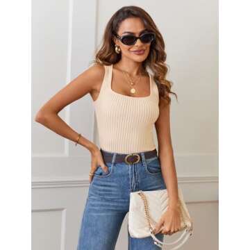 MEROKEETY Women's 2025 Ribbed Tank Tops Knit Square Neck Sleeveless Shirts Summer Casual Basic Tanks Beige S