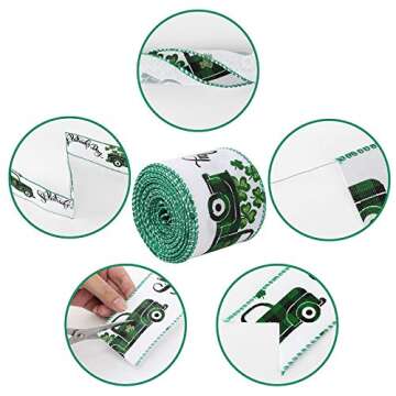 St. Patrick's Day Burlap Ribbons Wired Edge Spring Ribbon Rolls Shamrock Green Hat Truck Patterns for Wrapping Crafts Gift St. Patrick's Party Decoration 2 Rolls (2.5", 17.5yd)
