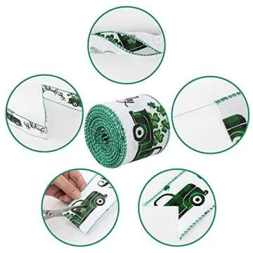 St. Patrick's Day Burlap Ribbons Wired Edge Spring Ribbon Rolls Shamrock Green Hat Truck Patterns for Wrapping Crafts Gift St. Patrick's Party Decoration 2 Rolls (2.5", 17.5yd)