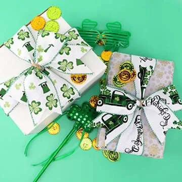 St. Patrick's Day Burlap Ribbons Wired Edge Spring Ribbon Rolls Shamrock Green Hat Truck Patterns for Wrapping Crafts Gift St. Patrick's Party Decoration 2 Rolls (2.5", 17.5yd)