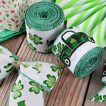 St. Patrick's Day Burlap Ribbons Wired Edge Spring Ribbon Rolls Shamrock Green Hat Truck Patterns for Wrapping Crafts Gift St. Patrick's Party Decoration 2 Rolls (2.5", 17.5yd)