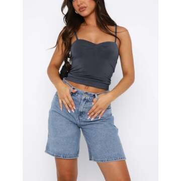 ForeFair Women Y2K Sweetheart Neck Sleeveless Crop Tank Tops Backless Spaghetti Strap Pleated Bustie...