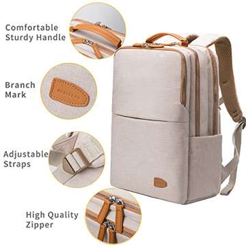 NOBLEMAN Best Laptop Backpack for Women, Professional Adult Office Commuter Womens Computer Backpack, Luxury Lightweight Carry on Travel Personal Item Bag For Airlines Fits 16 Laptop (Beige Plus)
