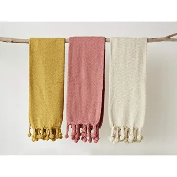 Creative Co-Op Cream Cotton Pom Throw for Cozy Decor