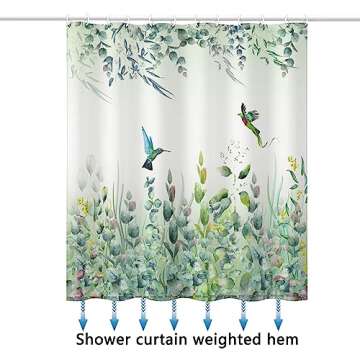 Niidder Green Leaf Shower Curtain, Emerald Bird Mint Green Shower Curtain -72 "W x 72" L with 12 Hooks, Weighted Hem Shower Curtain, Waterproof Bathroom Shower Curtain, Hummingbird Shower Curtain