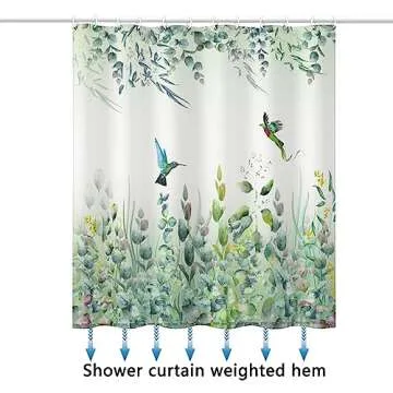 Niidder Green Leaf Shower Curtain, Emerald Bird Mint Green Shower Curtain -72 "W x 72" L with 12 Hooks, Weighted Hem Shower Curtain, Waterproof Bathroom Shower Curtain, Hummingbird Shower Curtain