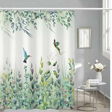 Niidder Green Leaf Shower Curtain, Emerald Bird Mint Green Shower Curtain -72 "W x 72" L with 12 Hooks, Weighted Hem Shower Curtain, Waterproof Bathroom Shower Curtain, Hummingbird Shower Curtain