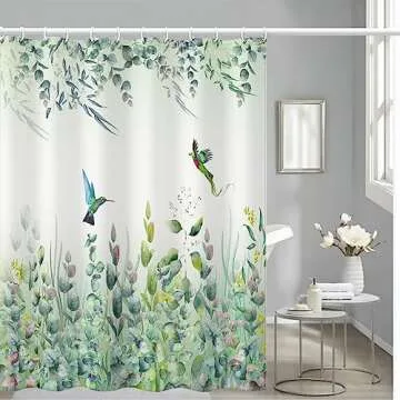 Niidder Green Leaf Shower Curtain, Emerald Bird Mint Green Shower Curtain -72 "W x 72" L with 12 Hooks, Weighted Hem Shower Curtain, Waterproof Bathroom Shower Curtain, Hummingbird Shower Curtain