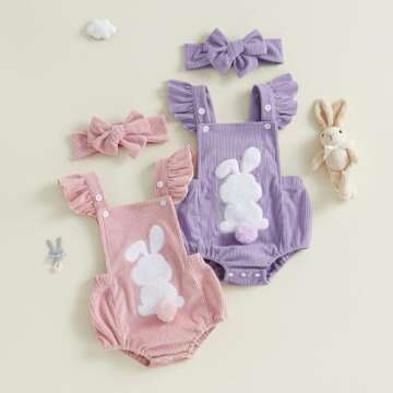 YINGISFITM My First Easter Baby Girl Outfit Newborn Fly Sleeve Bunny Onesie Baby Bubble Romper Infan...