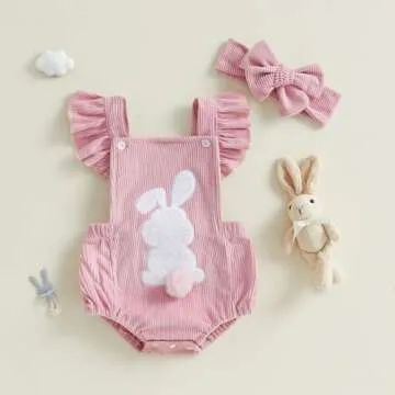 YINGISFITM My First Easter Baby Girl Outfit Newborn Fly Sleeve Bunny Onesie Baby Bubble Romper Infant Cute Easter Clothes (Bunny- Pink, 6-12 Months)
