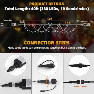 MZD8391 40FT 380 LED Christmas Lights Outdoor Indoor, Waterproof Christmas Icicle Lights, END to END Connect, Christmas String Lights for Christmas Decorations (Warm White & Multicolor)