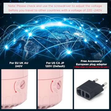 Aima Beauty Dual Voltage Worldwide Travel Hair Dryer Brush - 4-in-1 Styling Tool in Pink