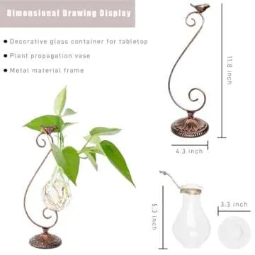 POXOHO Propagated Plant Vase, Glass Planters for Indoor Plants, with Metal Frame Vintage Pattern Iro...