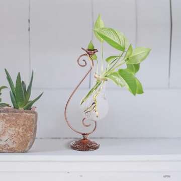 POXOHO Propagated Plant Vase, Glass Planters for Indoor Plants, with Metal Frame Vintage Pattern Iron Cast Bird, Gifts for Plant Lovers, for Indoor Desktop, Office, Home Decor
