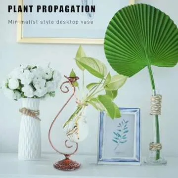 POXOHO Propagated Plant Vase, Glass Planters for Indoor Plants, with Metal Frame Vintage Pattern Iron Cast Bird, Gifts for Plant Lovers, for Indoor Desktop, Office, Home Decor