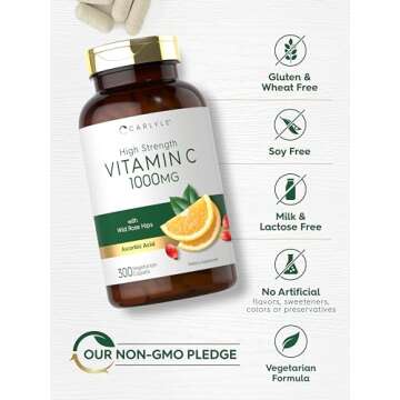 Carlyle Vitamin C 1000mg | 300 Vegetarian Caplets | Ascorbic Acid with Wild Rose HIPS | High Strength Formula | Non-GMO and Gluten Free Supplement