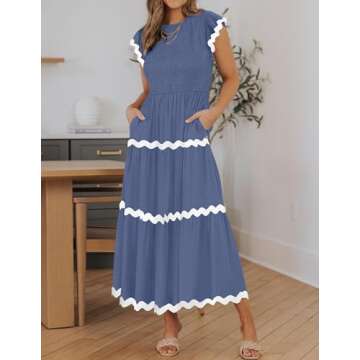 ZESICA Women's Summer Flutter Short Sleeve Smocked Midi Dress Casual High Waist Rickrack Tiered Flow...