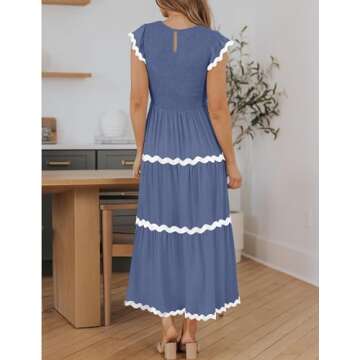 ZESICA Women's Summer Flutter Short Sleeve Smocked Midi Dress Casual High Waist Rickrack Tiered Flowy Dresses,Dusty Blue,Small