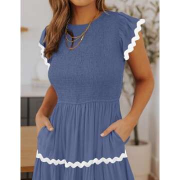 ZESICA Women's Summer Flutter Short Sleeve Smocked Midi Dress Casual High Waist Rickrack Tiered Flowy Dresses,Dusty Blue,Small