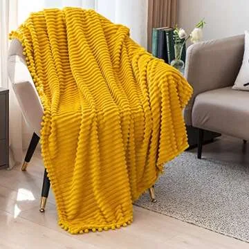 DISSA Fleece Blanket Twin Size – 60x80, Yellow - Soft, Plush, Fluffy, Fuzzy, Warm, Cozy – Perfect Throw for Couch, Bed, Sofa - with Pompom Fringe - Flannel Blanket