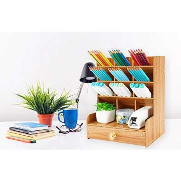 Wellerly Wooden Pen Organizer, Desk Organizer with Drawer & Cute Phone Holder - 12 Compartments - Mu...