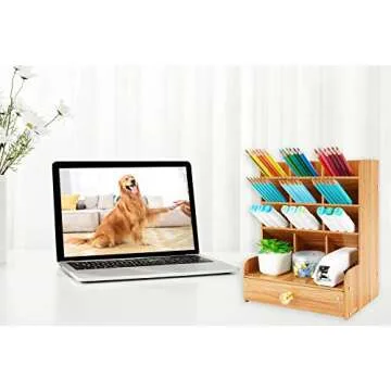 Wellerly Wooden Pen Organizer, Desk Organizer with Drawer & Cute Phone Holder - 12 Compartments - Multi-Functional DIY Desktop Pencil Holder Organization- Easy Assembly - Home Office School Supply