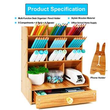 Wellerly Wooden Pen Organizer, Desk Organizer with Drawer & Cute Phone Holder - 12 Compartments - Multi-Functional DIY Desktop Pencil Holder Organization- Easy Assembly - Home Office School Supply