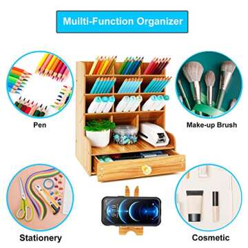 Wellerly Wooden Pen Organizer, Desk Organizer with Drawer & Cute Phone Holder - 12 Compartments - Multi-Functional DIY Desktop Pencil Holder Organization- Easy Assembly - Home Office School Supply