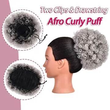 rosmile Afro Puff Drawstring Ponytail Extension for Black Women, Premium Ombre Gray #1BT0906 80 Gram Short Synthetic Afro Puff Ponytail for Natural Hair, Clip On Kinky Drawstring Curly Ponytail Bun