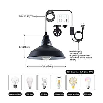 Plug in Pendant Light Industrial Pulley Pendant Lamp E26 Vintage Hanging Light Fixture With 16.4ft Cord On/Off Switch For Pool Table,Houseplant Grow lights,Kitchen Island,Sink 2 Pack Black