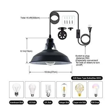 Plug in Pendant Light Industrial Pulley Pendant Lamp E26 Vintage Hanging Light Fixture With 16.4ft Cord On/Off Switch For Pool Table,Houseplant Grow lights,Kitchen Island,Sink 2 Pack Black