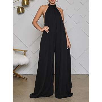 Ekaliy Women's Sexy Summer Jumpsuit Halter Neck Sleeveless Chiffon Wide Leg Long Pant Jumpsuit Rompe...