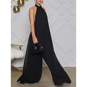 Ekaliy Women's Sexy Summer Jumpsuit Halter Neck Sleeveless Chiffon Wide Leg Long Pant Jumpsuit Romper One Piece Party Outfit Black Large